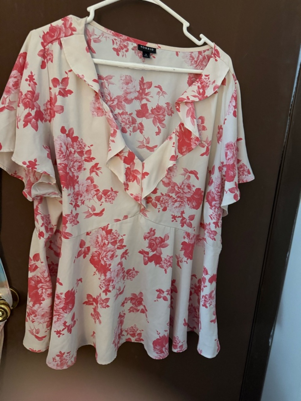 torrid Cream Blouse with Pink Floral Ruffle V-Neck